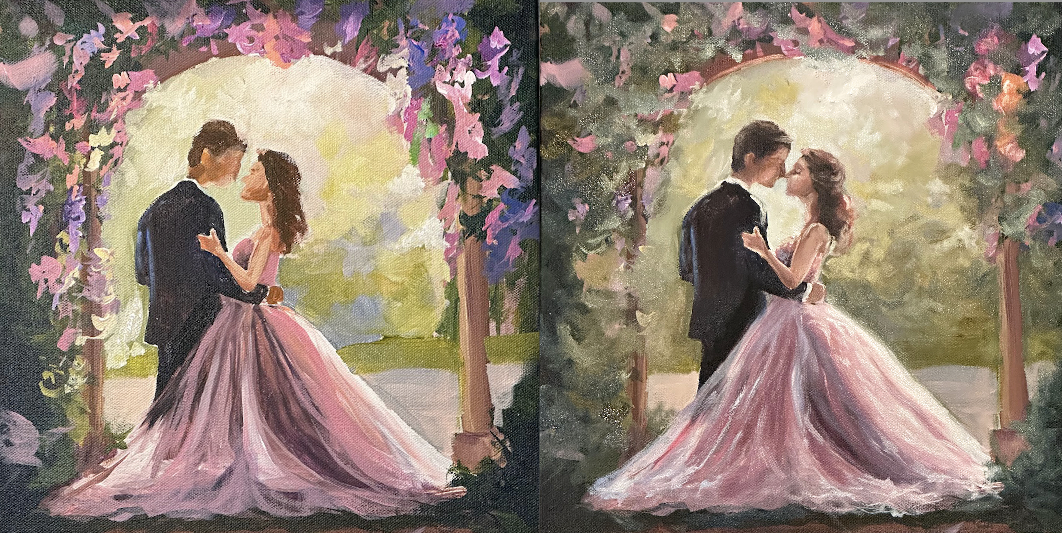 Wedding painting progression showing the completion level by the end of the wedding and the after studio touch ups.